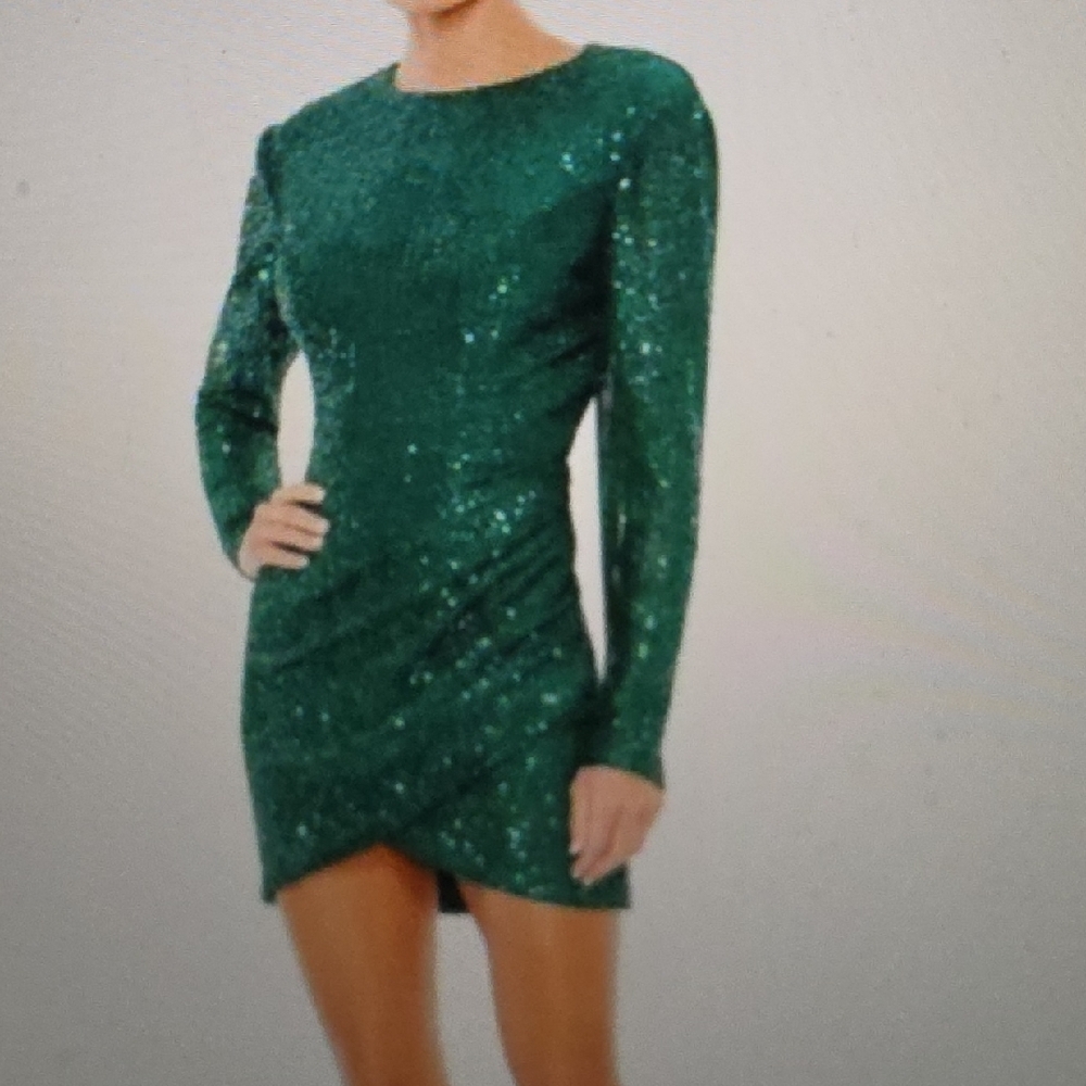 IEENA For MAC DUGGAL 11291 Long-Sleeve Emerald Green Sequin Dress Size 8 $328